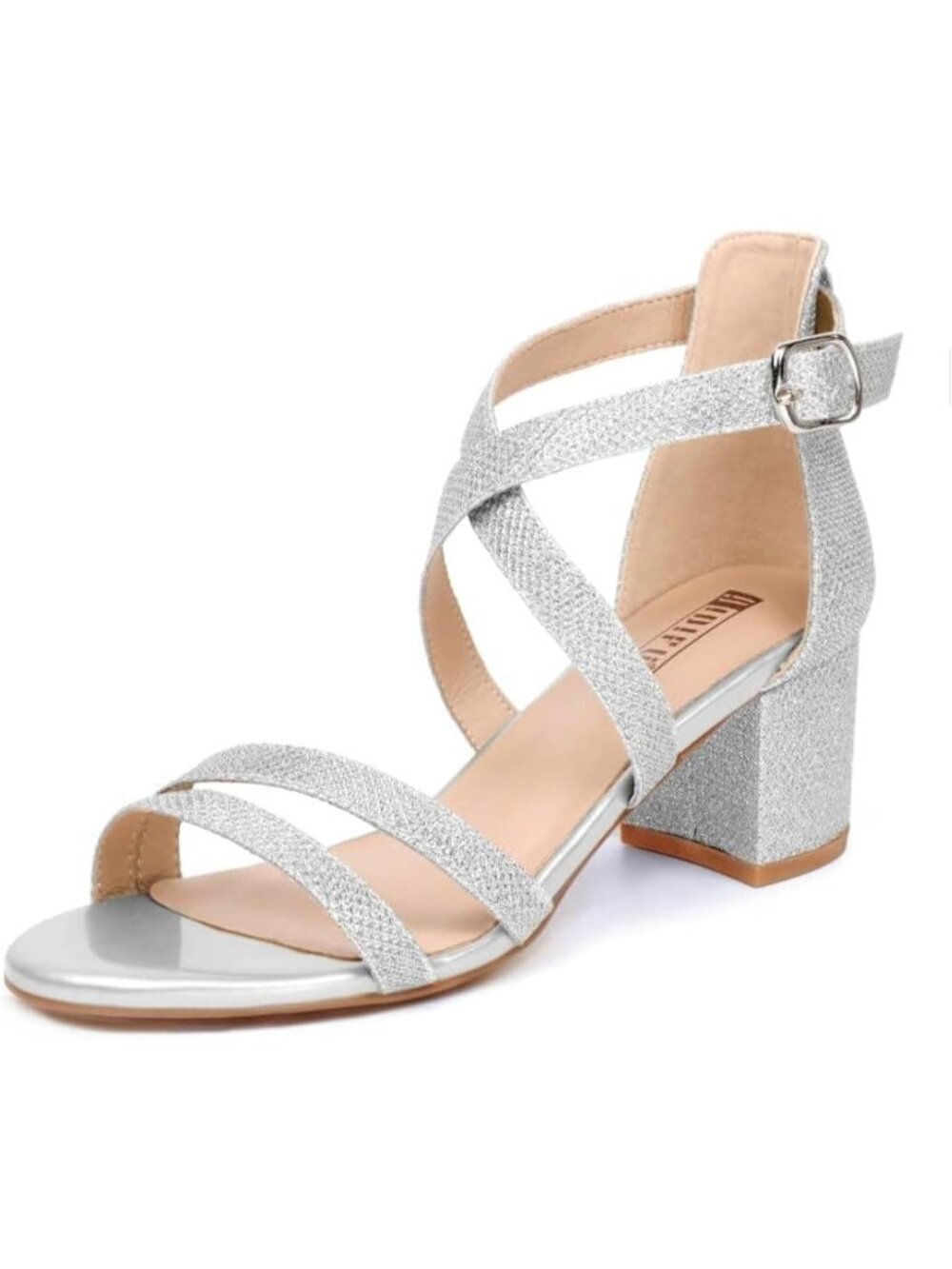 Women's Silver Glitter Block Low Chunky Heel Open Toe Ankle Strap Dress Sandals